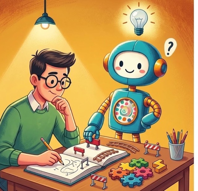 Illustration of a designer sketching in a notebook while a friendly AI robot looks on with a lightbulb above its head, surrounded by small barriers and puzzle pieces