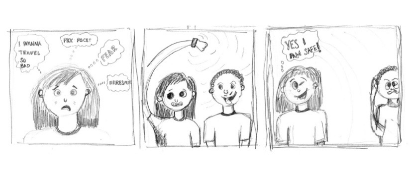 Three-panel pencil storyboard: a woman on a train thinks &ldquo;I wanna travel so bad&rdquo; but fears a pickpocket and boredom; the band activates as a man stands close; she thinks &ldquo;Yes! I am safe&rdquo; as the man moves away.