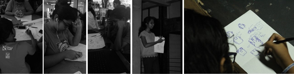 Five black-and-white photographs of design students sketching and thinking during the research.