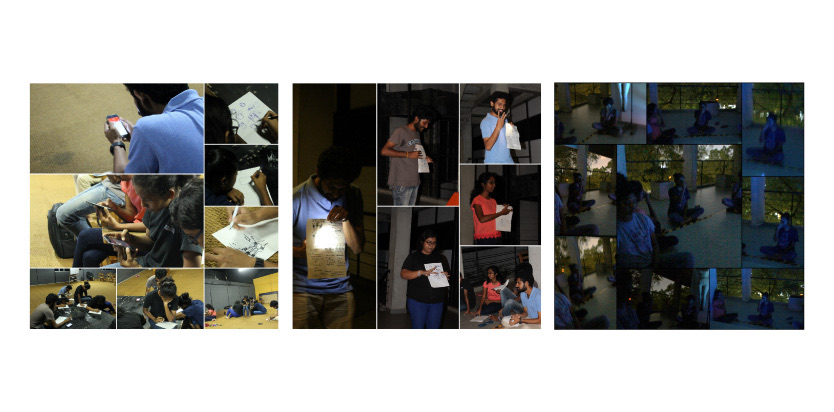 Three photo collages from the testing workshops, showing participants sketching, presenting and sitting in meditation in dimly lit rooms.