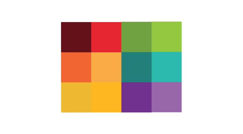 A colour palette of twelve swatches: dark reds, red, greens, oranges, yellows, teal and purples.