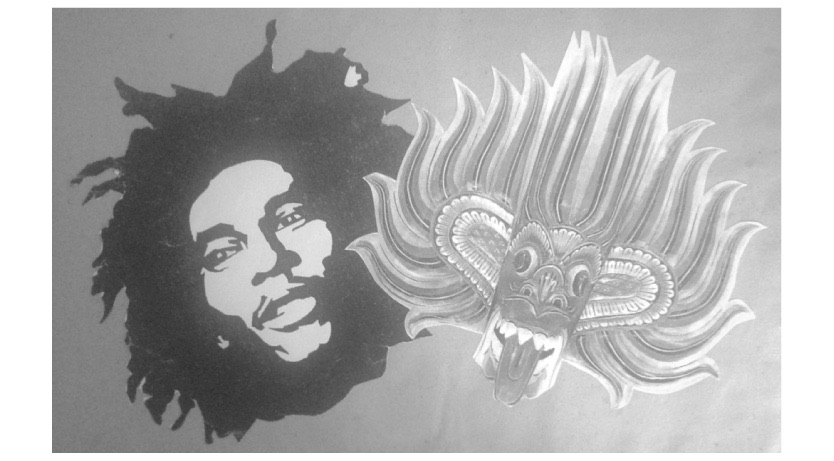 Graphics experiment: a stencil-style portrait of a man with dreadlocks placed beside the devil mask.
