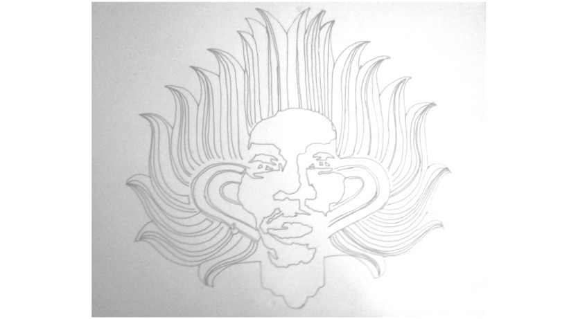 Pencil sketch where the dreadlocked portrait merges with the flame-like headdress of the mask.
