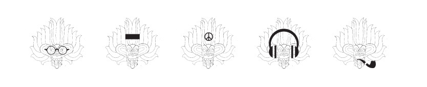 Five line drawings of the mask, each with a different accessory: round glasses, a bar, a peace symbol, headphones and a pipe.