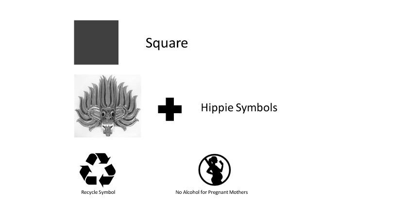 Ideation sheet: a square combined with the devil mask and hippie symbols, including the recycle symbol and the symbol for no alcohol for pregnant mothers.