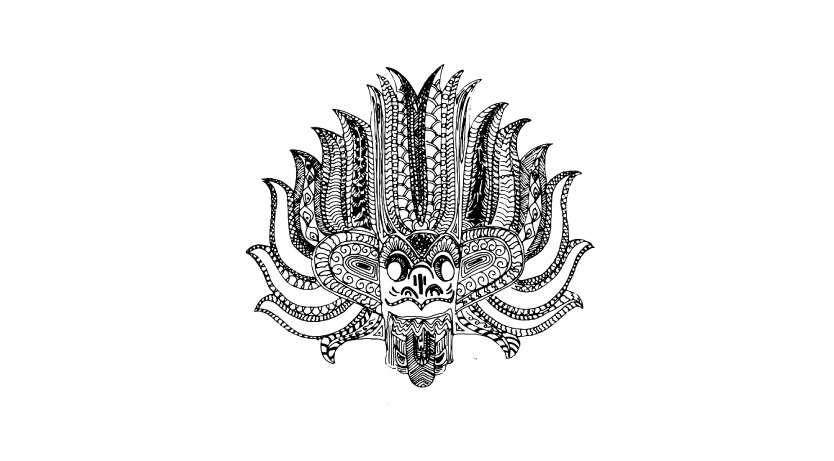Detailed black ink illustration of the Sri Lankan devil mask with an intricate patterned headdress, the identity of the brand.