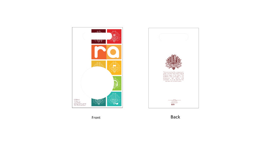 Front and back layout of the Ra package. The front shows the logo above a grid of coloured squares with the mask; the back shows the mask with descriptive text.