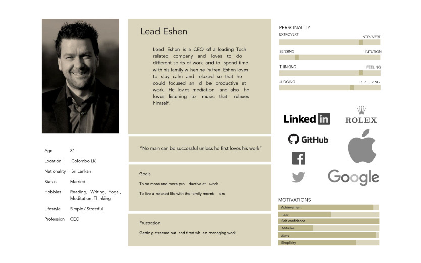 Persona card for Lead Eshen, 31, a Sri Lankan CEO of a leading tech company in Colombo. He wants to be more productive and live a relaxed life with his family, and gets stressed and tired when managing work. The card shows personality sliders and motivations.