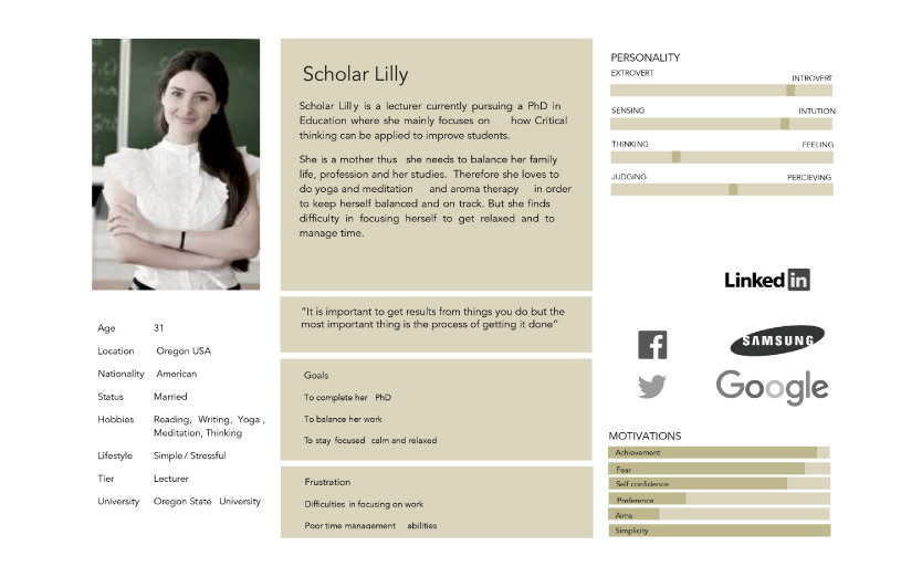Persona card for Scholar Lilly, 31, an American lecturer pursuing a PhD in Oregon. She wants to complete her PhD, balance her work and family, and stay focused, calm and relaxed, but has difficulty focusing and managing time. The card shows personality sliders and motivations.