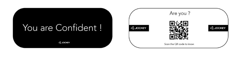 Two handout cards: a black card reading &ldquo;You are confident!&rdquo; and a double-sided card with a QR code and the text &ldquo;Are you? Scan the QR code to know&rdquo;.