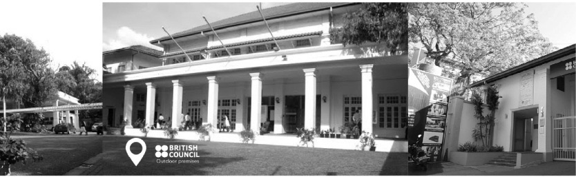 Black-and-white photograph of the British Council outdoor premises, a colonial-style building with columns.