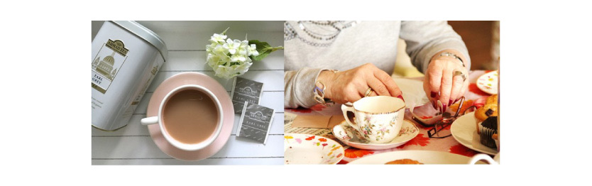 Moodboard of English tea: a cup of tea beside tea tins and tea bags, and a woman's hands pouring tea at a table with cakes.