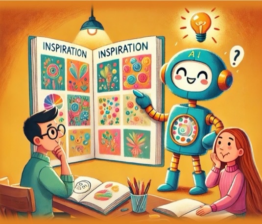 A designer and a student look at a giant book of colourful inspiration images that a friendly robot presents