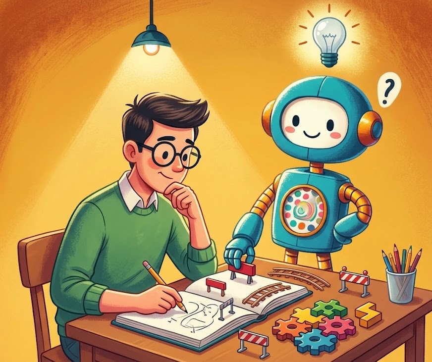 A designer sketching in a notebook while a friendly robot beside them waits, with small barriers and puzzle pieces on the desk